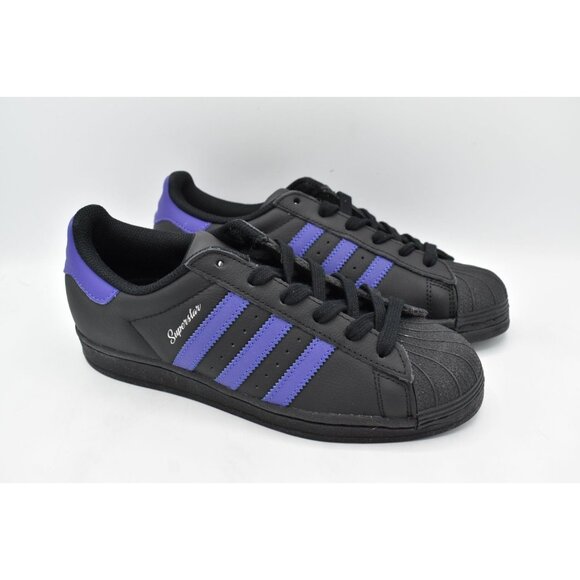 Adidas Womens Size 7.5 Superstar Black Purple Leather Sneakers Shoes - Picture 4 of 12